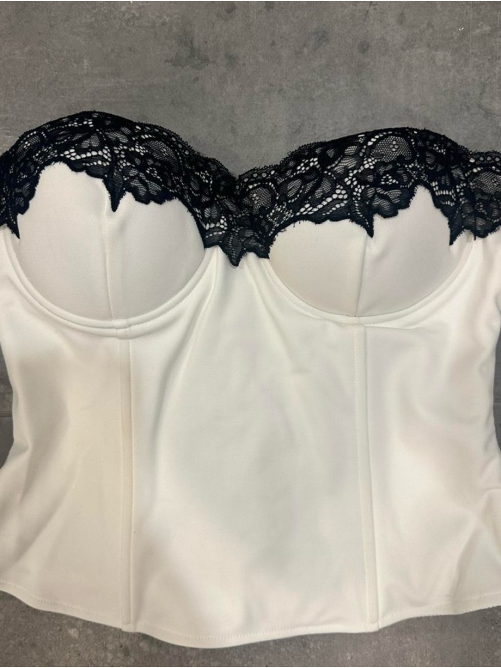 Fashion Nova White Bustier with Black Lace Trim